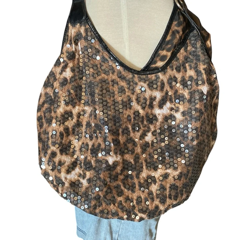 Leopard Print Women's tote XL y2k shoulder bag sequin’s side heavy chain straps - Picture 2 of 12